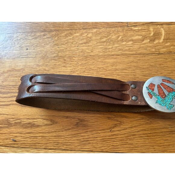 Vintage RJ Roberts Crush Coral Turquoise Pewter Belt Buckle Leather Hand Crafted - Picture 6 of 7